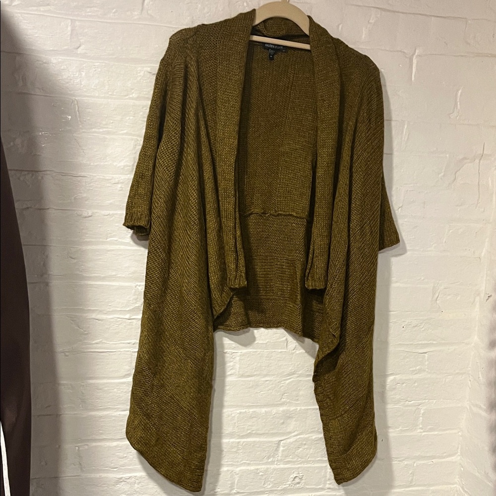Eileen Fisher Olive Open Front Cardigan Alpaca Silk Soft Short Sleeve